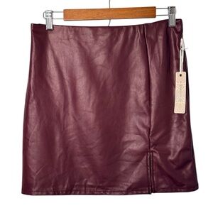 Iris Basic Pencil Mini Skirt Faux Leather Maroon Size-L NWT